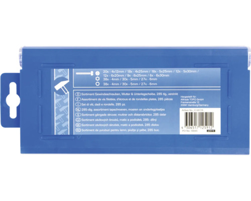 Sortiment Gewindeschrauben, Muttern und Unterlegscheiben, 285-teilig, verzinkt
