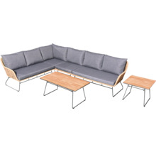 Gartenlounge-Set mit Ecksofa, Couchtisch und Beistelltisch aus Rattan und Holz