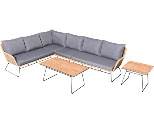 Gartenlounge-Set mit Ecksofa, Couchtisch und Beistelltisch aus Rattan und Holz