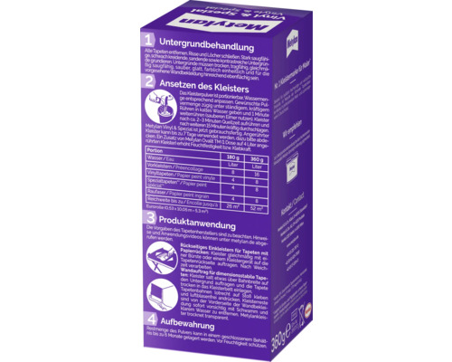 Paquet de colle Metyelan Vinyl et Spécial avec des instructions d''application et de préparation.