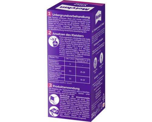 Instructions et informations sur l''emballage de la colle à papier peint Metylan Vlies