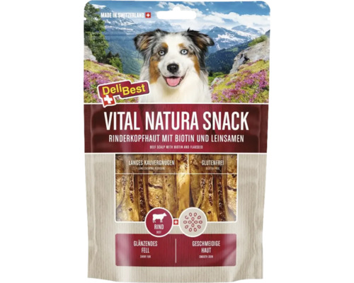 Snack Vital Natura Delibest avec biotine 200 g Emballage DeliBest Vital Natura Snack peau de tête de boeuf avec biotine et graines de lin
