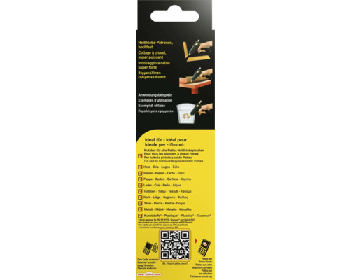 Pattex Heißklebepatronen Verpackung mit Anwendungsbeispielen und Materialverträglichkeit