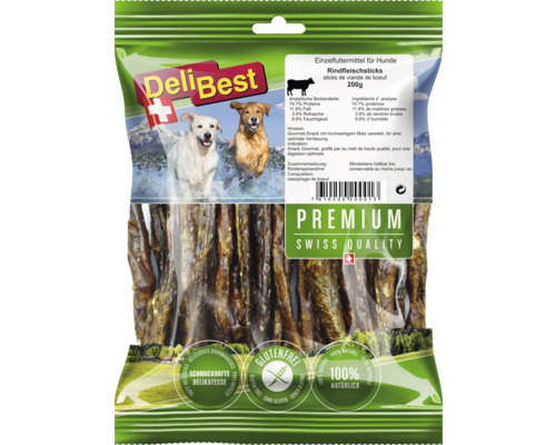 Friandise à mâcher Delibest bâtonnets de viande de boeuf 200 g Paquet de bâtonnets de viande de bœuf pour chiens DeliBest, Premium Swiss Quality, sans gluten et 100 % naturel