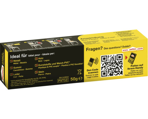 Pattex Transparent Kraftkleber Verpackung mit Anwendungsbeschreibung und Eignungshinweisen für verschiedene Materialien.
