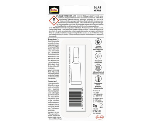 Pattex Glaskleber, Rückseite der Verpackung mit Anweisungen und Sicherheitsinformationen