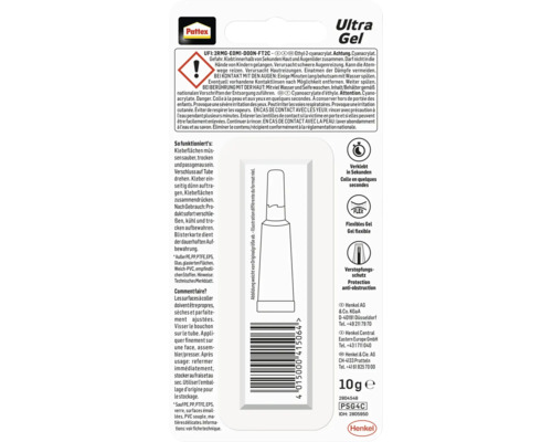 Pattex Ultra Gel Klebstoffverpackung mit Gefahrenhinweisen und Anwendungshinweisen