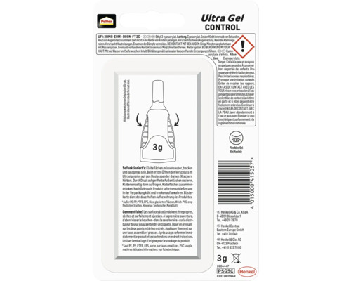 Pattex Ultra Gel Control Colle instantanée Emballage avec avertissements et instructions d''utilisation