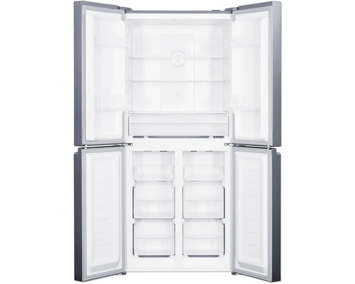 Réfrigérateur à quatre portes ouvert avec étagères et tiroirs