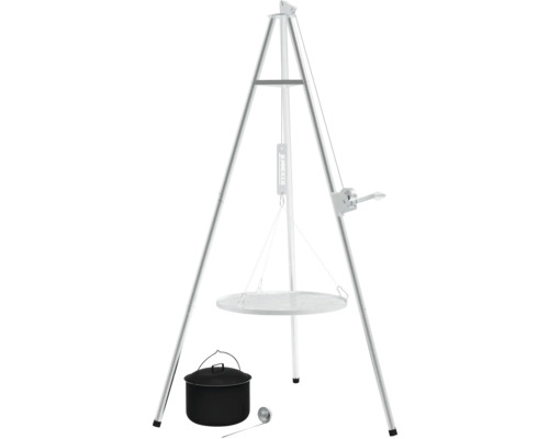 Gril pivotant avec trépied, grille, marmite et louche