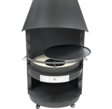 Barbecue à charbon de bois noir avec hotte et plaque de cuisson ronde