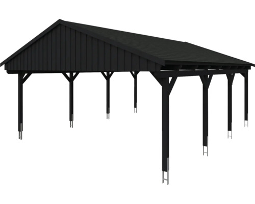 Carport noir avec toit et structure en bois