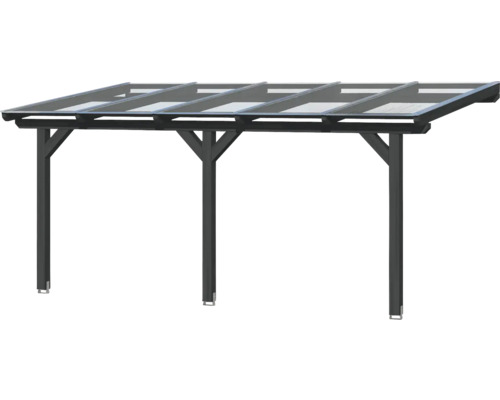 Pergola de terrasse autoportante avec éléments de toit transparents et trois piliers de soutien.