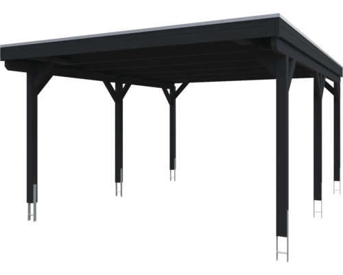 Carport en bois noir avec toit plat pour abriter les véhicules.