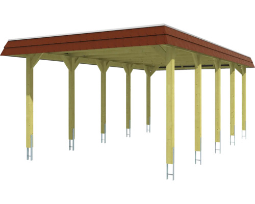 Carport aus Holz mit rotem Dach