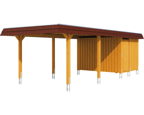 Holzcarport mit Geräteschuppen und rotem Dach