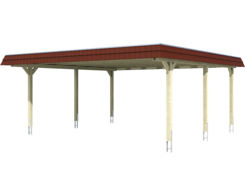 Holzcarport mit rotem Dach