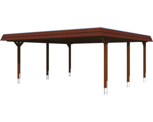 Carport double SKAN HOLZ Wendland bandeau rouge avec ancre de poteau 630 x 637 cm noyer Carport double SKAN HOLZ Wendland bandeau rouge avec ancre de poteau 630 x 637 cm noyer