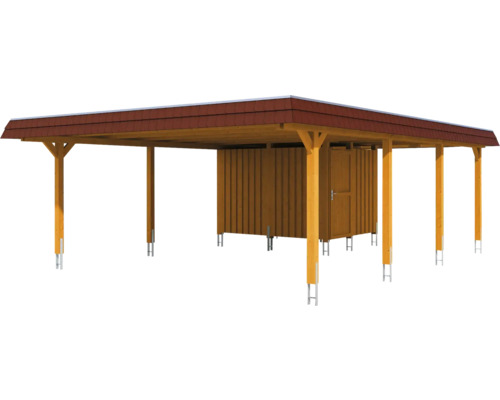 Holzcarport mit Geräteraum und Ziegeldach