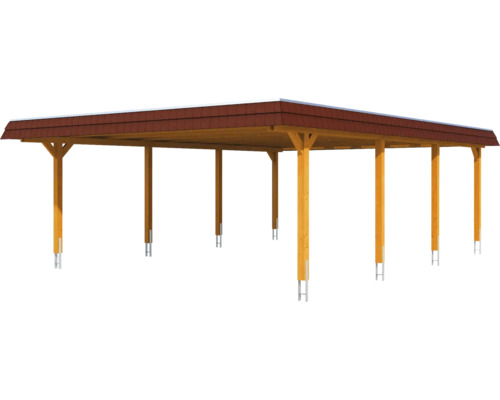 Holzcarport mit Ziegeldach zum Schutz von Fahrzeugen.