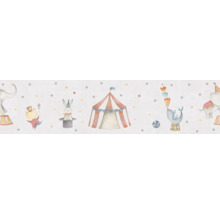 Bordure de papier peint avec des motifs de cirque tels que des éléphants, un chat, un lapin, un chapiteau de cirque et un phoque
