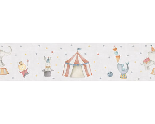Bordure de papier peint avec des motifs de cirque tels que des éléphants, un chat, un lapin, un chapiteau de cirque et un phoque