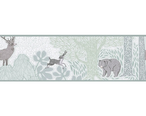 Papier peint avec motif de forêt, comprenant cerf, chevreuil et ours