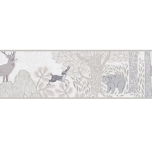 Papier peint avec motif de forêt, comprenant cerf, chevreuil et ours