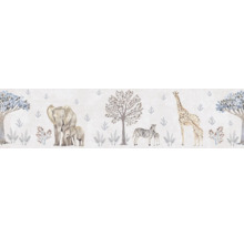 Illustration avec des éléphants, des zèbres et des girafes dans un paysage forestier