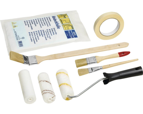 Set de peinture avec film de protection, ruban de masquage, rouleaux de peinture et pinceaux