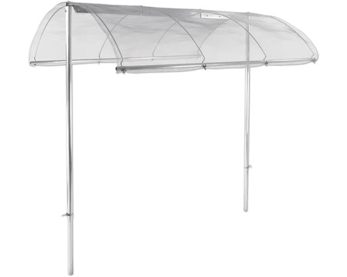 Gewächshausbogen mit silberfarbenem Metallgestell und transparenter Folie