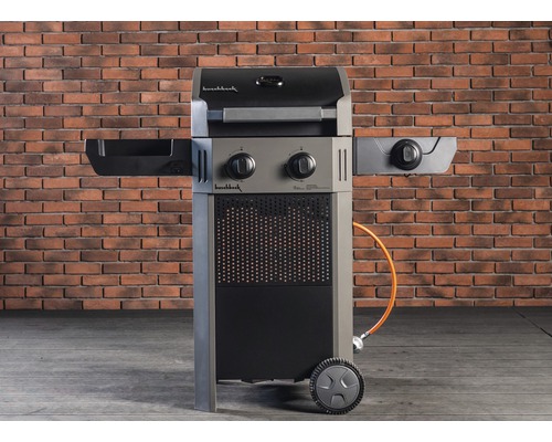 Gasgrill mit zwei Brennern, Seitentischen und Rädern