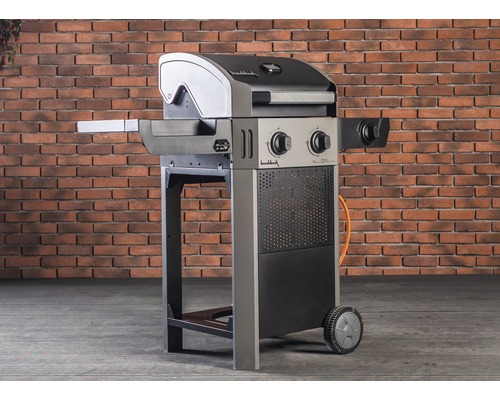 Gasgrill mit zwei Brennern, Seitentisch und Rädern für den einfachen Transport.