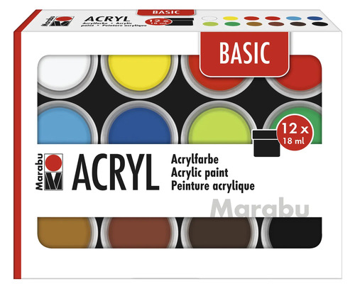 Jeu de peintures acryliques Marabu Basic 12 x 18 ml Marabu Set de peintures acryliques avec douze pots de peinture