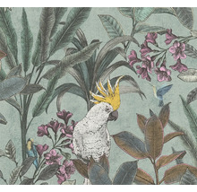 Papier peint avec perroquet, colibri, feuilles et fleurs