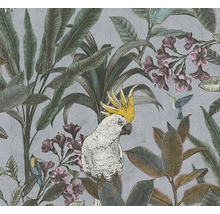 Papier peint avec motifs de plantes, d''oiseaux et de cacatoès
