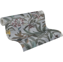 Rouleau de papier peint avec motif tropical de feuilles, de fleurs et d''oiseaux