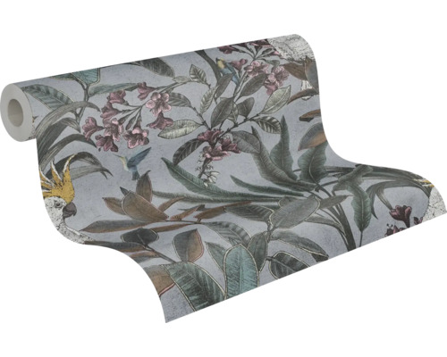 Rouleau de papier peint avec motif tropical de feuilles, de fleurs et d''oiseaux