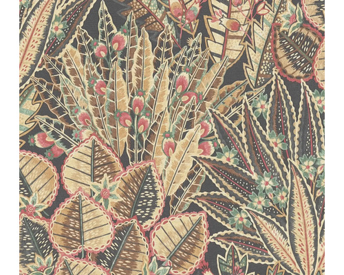 Detailaufnahme eines Textilmusters mit floralen und blattartigen Motiven