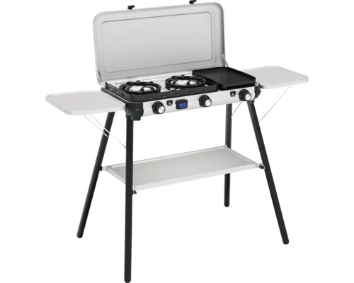 Réchaud à gaz portable avec deux brûleurs, plaque de gril et table pliante.