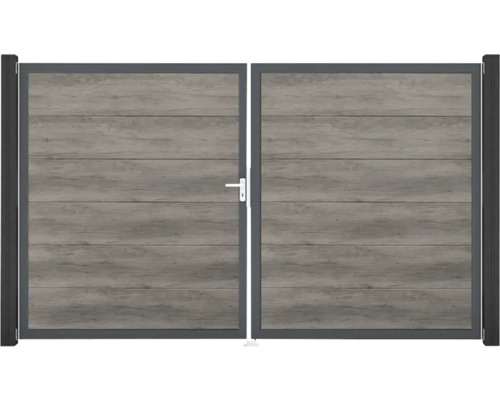 Portillon double GroJa BasicLine Nova tirant gauche prémonté sans poteaux 300 x 180 cm Monument Oak Portail double aspect bois avec cadre en acier