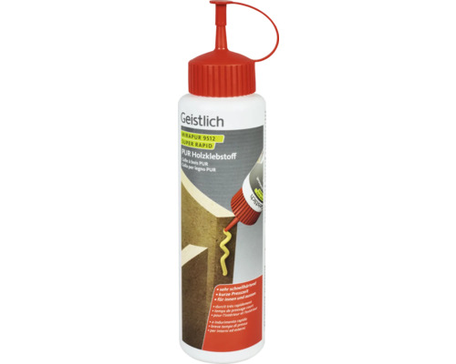 Geistlich Holzleim Mirapur 9512 Super Rapid 750 g PUR Holzkleber in einer Kunststoffflasche mit rotem Verschluss