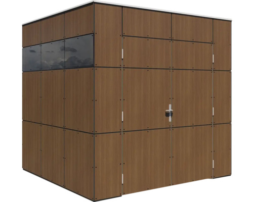 Abri de jardin à façade en bois avec fenêtre et porte