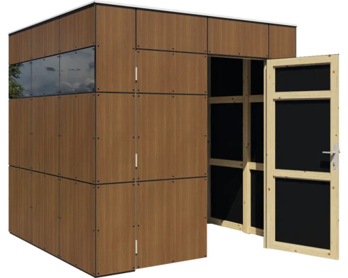 Abri de jardin avec aspect mur en bois, élément de fenêtre et porte ouverte