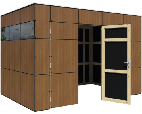 Abri de jardin avec revêtement mural en bois et porte