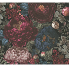 Papier peint avec un motif floral foncé de fleurs et de feuilles