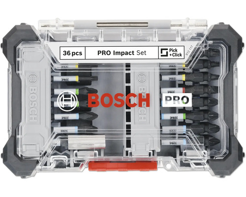 Jeu de forets à percussion Bosch, 36 pièces, dans une boîte de rangement transparente