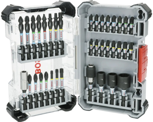Jeu d''embouts de vissage Bosch avec différents embouts et clés à douille dans une boîte à outils