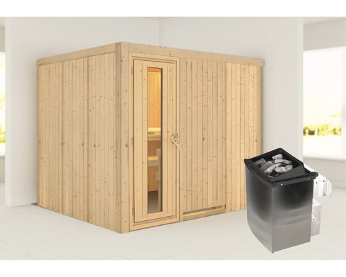 Sauna modulaire Karibu Gobina avec poêle 9 kW et commande intégrée, sans couronne, avec porte en bois et verre isolé thermiquement