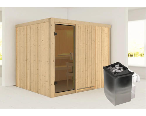 Sauna mit Holzwänden, Glastür und Saunaofen